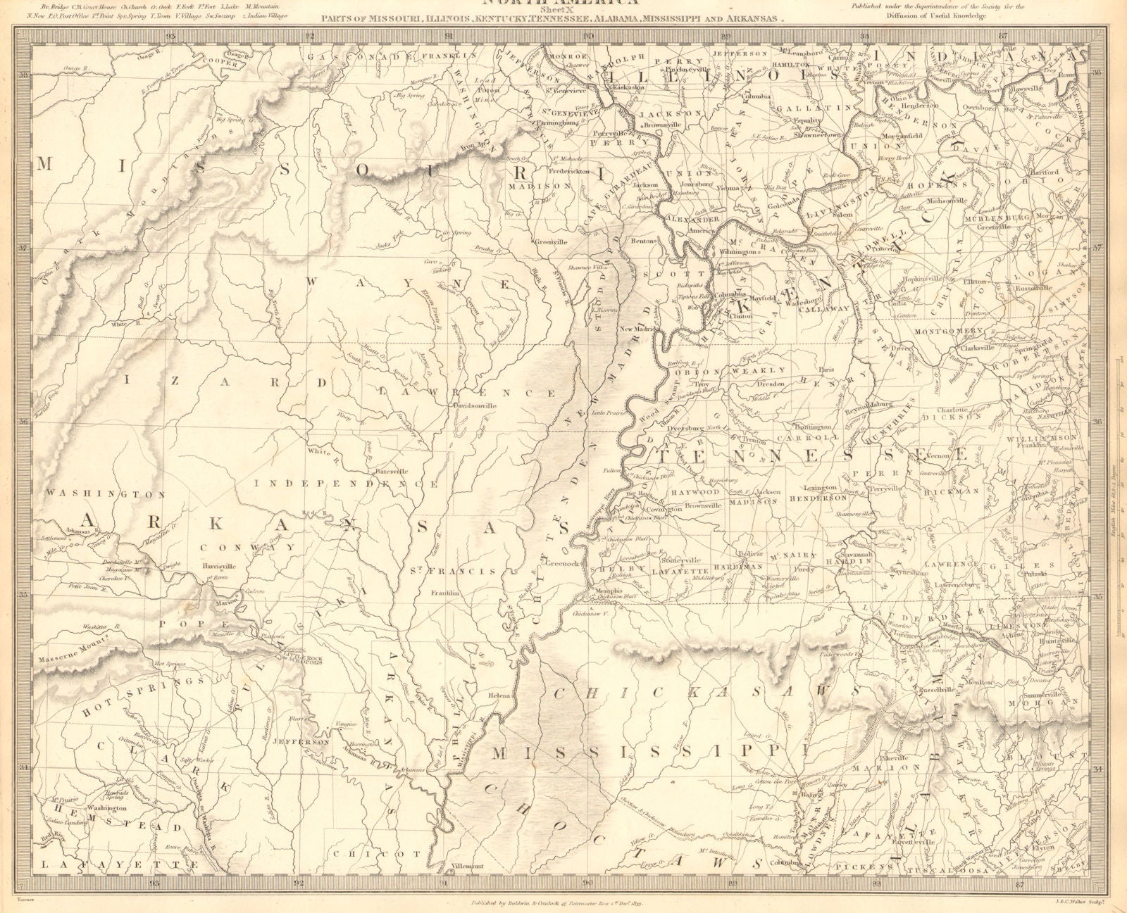 USA. AR MO TN MS IL IN KY AL. Choctaw Chickasaw boundaries. SDUK 1848 old map